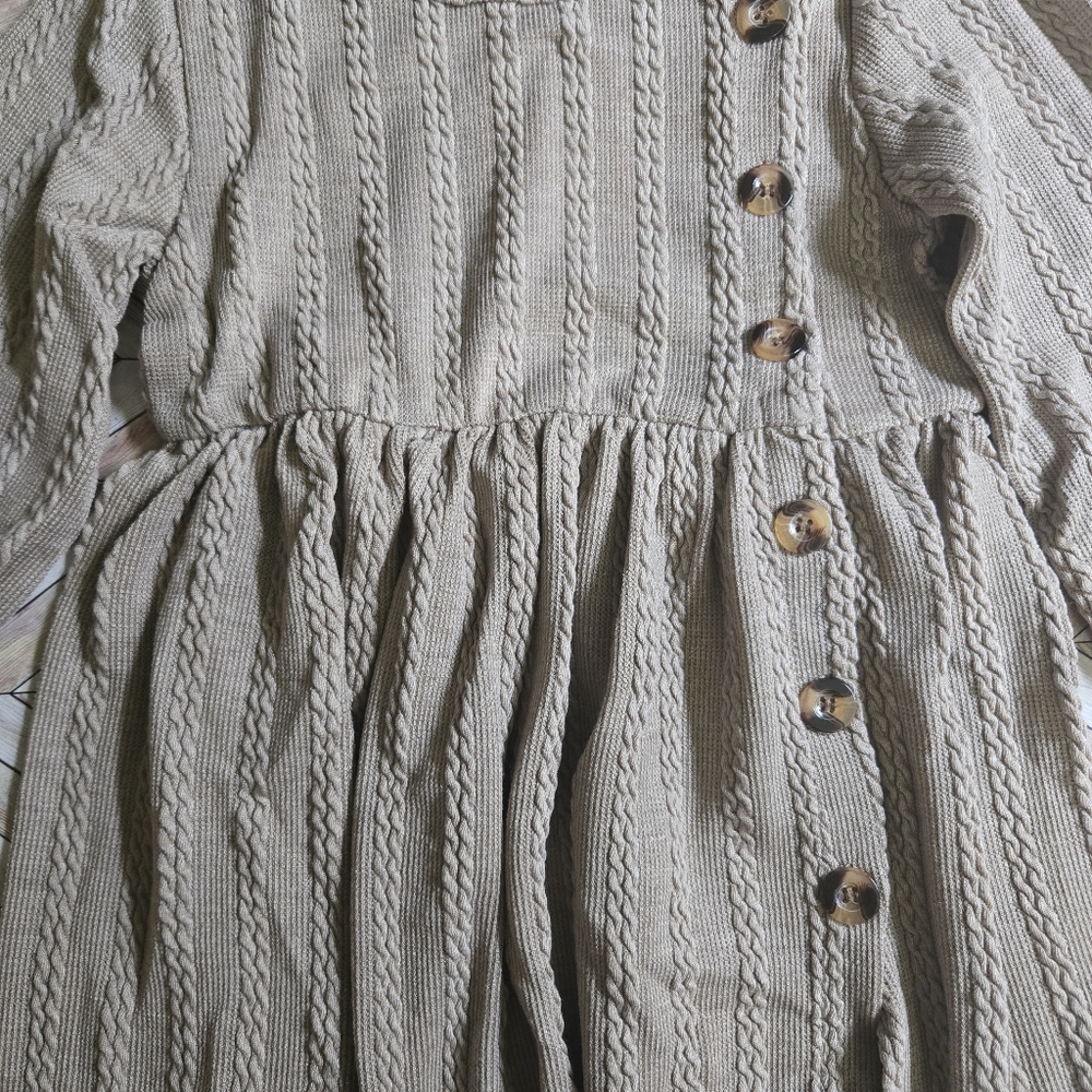 Girls Cottagecore Cable Knit Sweater Dress Button-Side Long Sleeve Ruffle Cuff - Picture 6 of 9